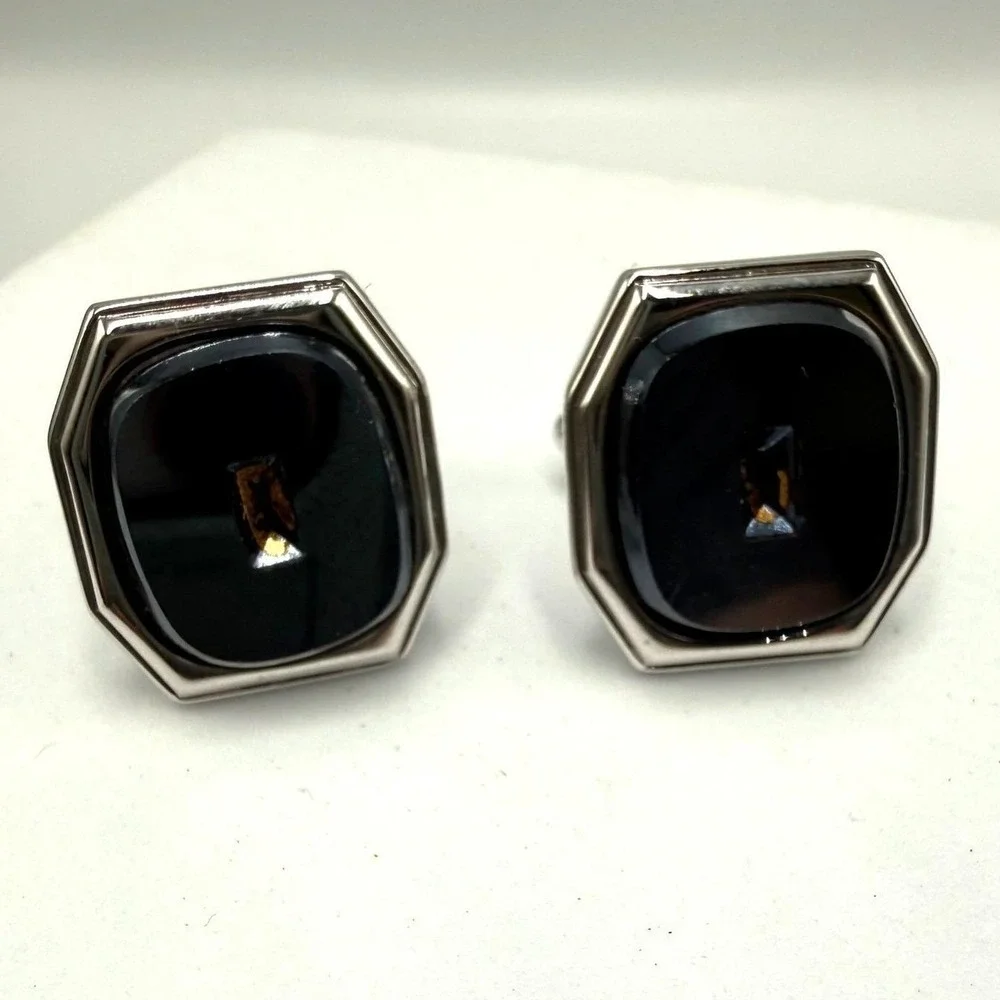 Hickok‎ USA Vintage Mens Octagon Cabochon Silver Tone Toggle Cufflinks